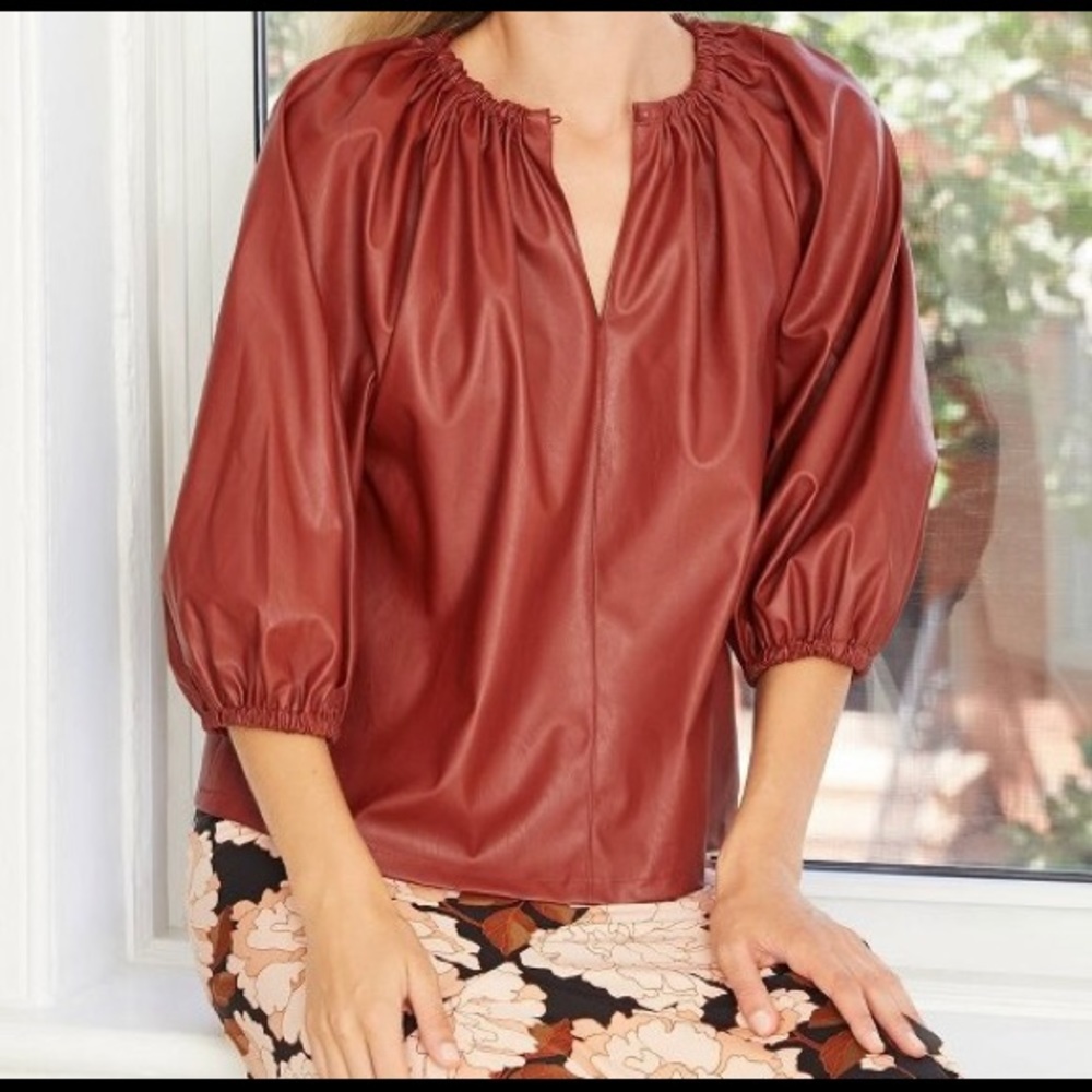Faux Leather Balloon Shirt. 3/4 sleeve